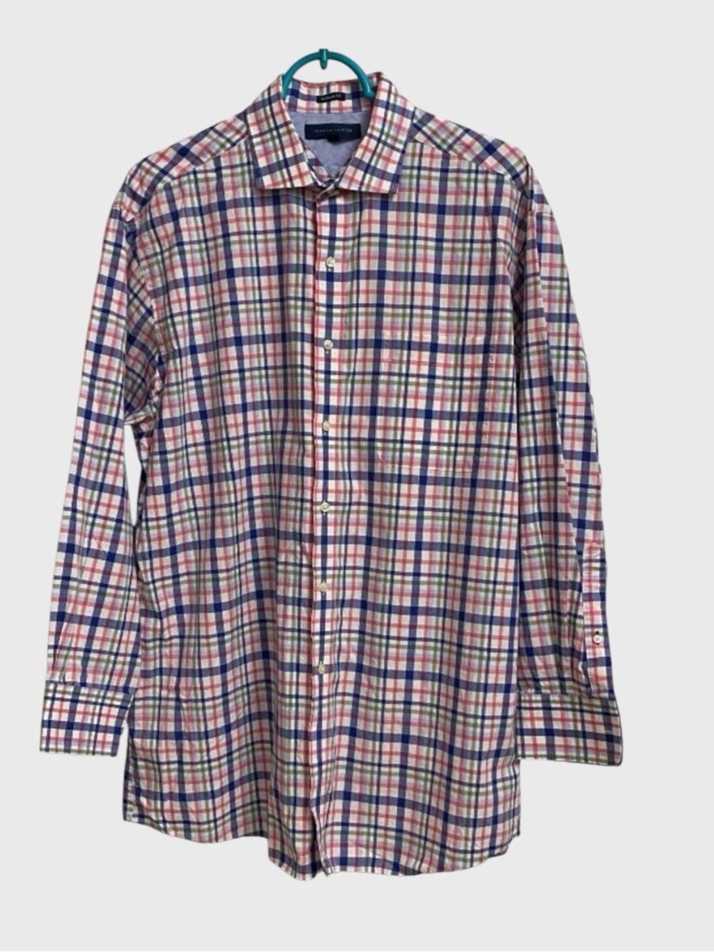 Tommy Hilfiger Plaid Regular Fit Button Up Shirt Men 16.5/32-33 Pink Blue Preppy